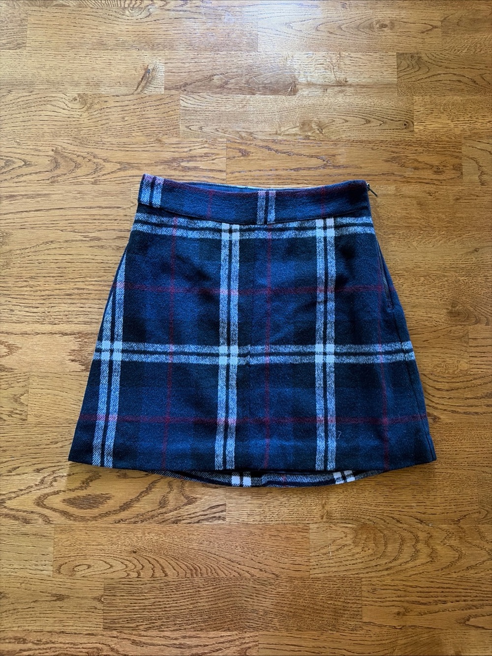 LULUS Women Plaid Mini Skirt XS Navy Blue White Window Pane Red Black Wool Mod